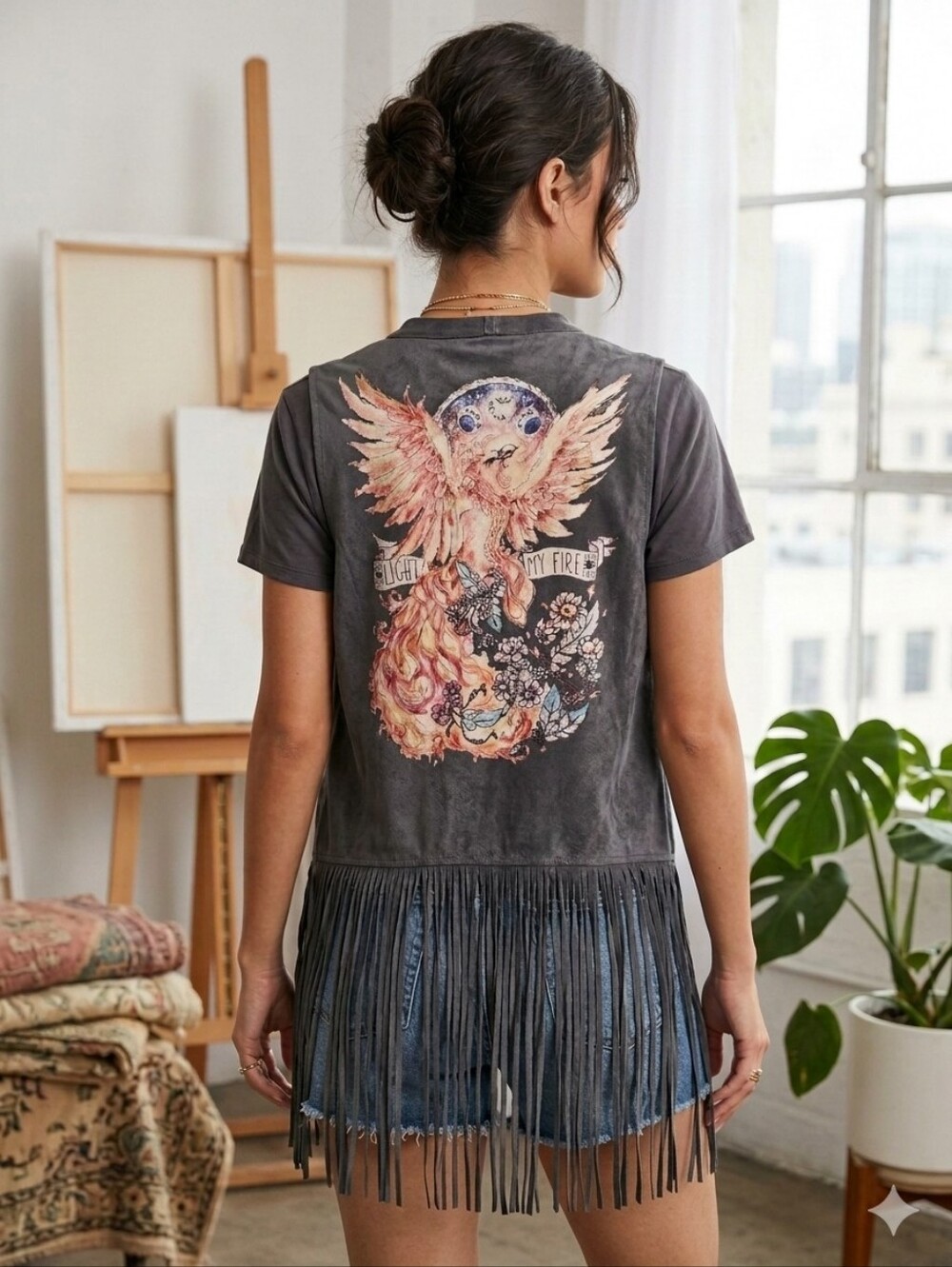 Light My Fire Graphic Phoenix 100% Microsuede Fringed Long Vest Boho Rocker